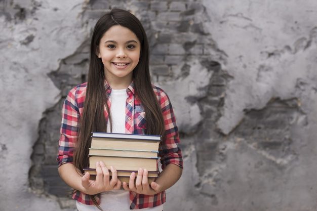 close up positive young girl holding pile books 23 2148464493